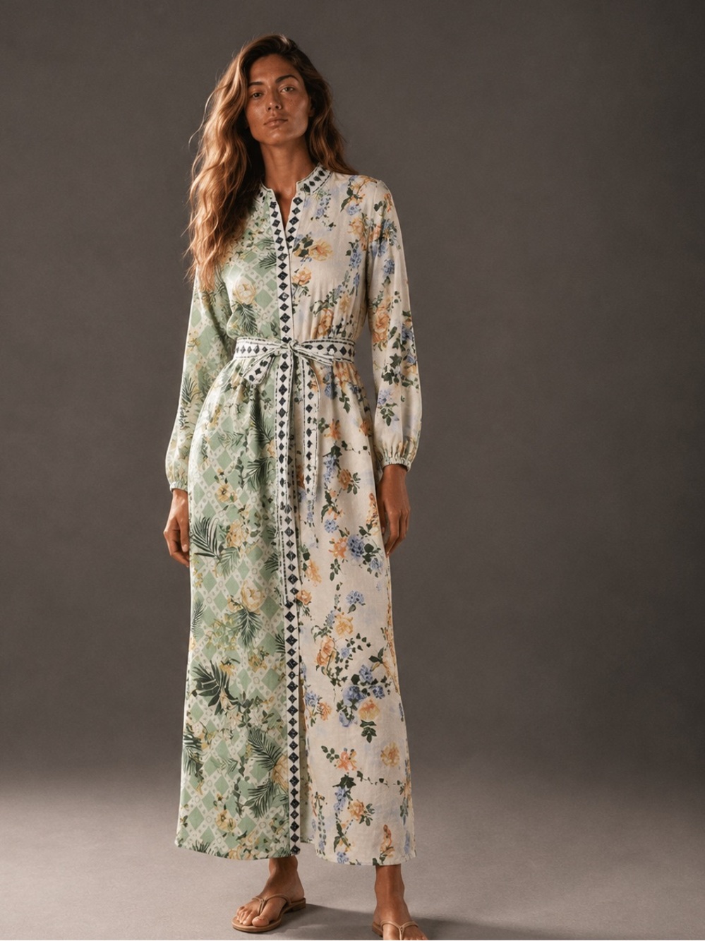 Magaschoni Mixed Print Floral Belted Maxi Shirt Dress L NWT